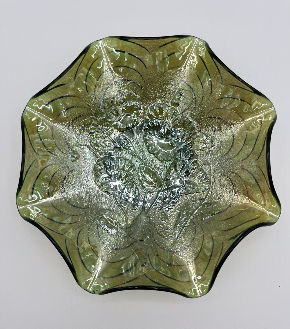 Imperial Green Carnival Glass Iridescent Pansy Floral Ruffled Bowl 9” Vintage